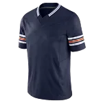 Donkerblauw sportshirt met V-hals en witte en oranje strepen op de korte mouwen.