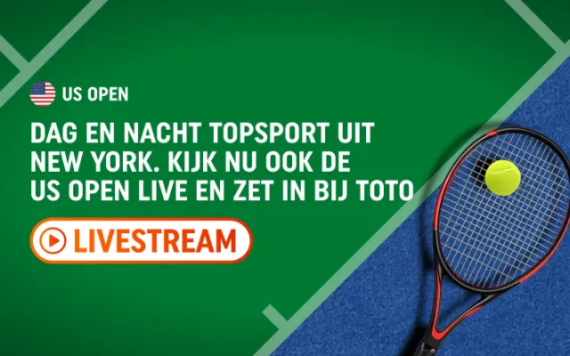 US OPEN-promotie met tennisracket en bal en knop LIVESTREAM, kijk live en zet in bij TOTO