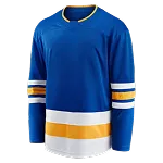 Blauwe ijshockeytrui met gele en witte strepen op mouwen en onderkant.