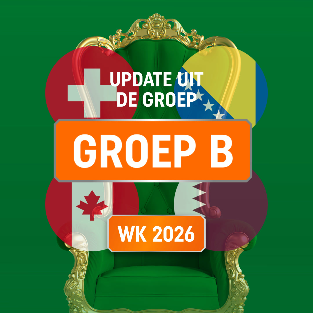 Groene troon met oranje borden 'GROEP B' en 'WK 2026' omringd door de vlaggen van Zwitserland, Bosnië, Canada en Qatar.