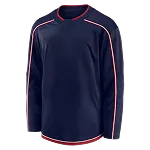 Donkerblauwe lange-mouw sporttrui met rood-witte bies langs schouders, mouwen en zoom.