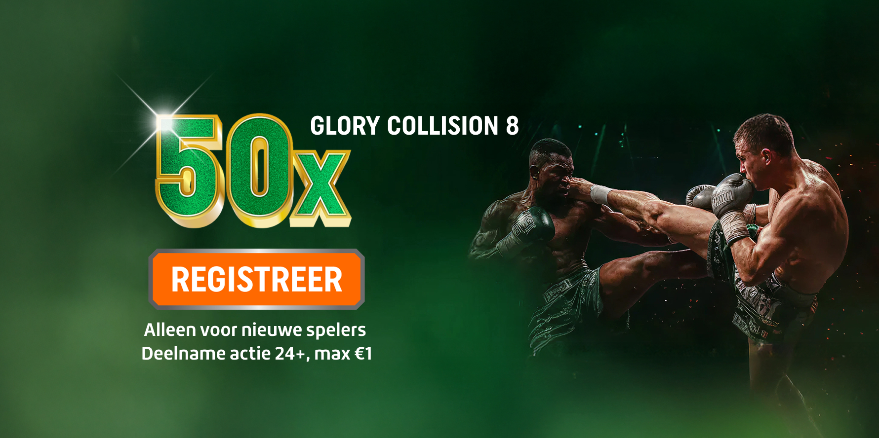 TOTO-promotiebanner met grote 50x voor GLORY COLLISION 8, oranje REGISTREER-knop om je aan te melden en twee kickboksers in actie.