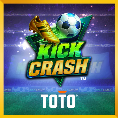 Kick Crash-logo met gouden voetbalschoen en voetbal boven het TOTO-logo.