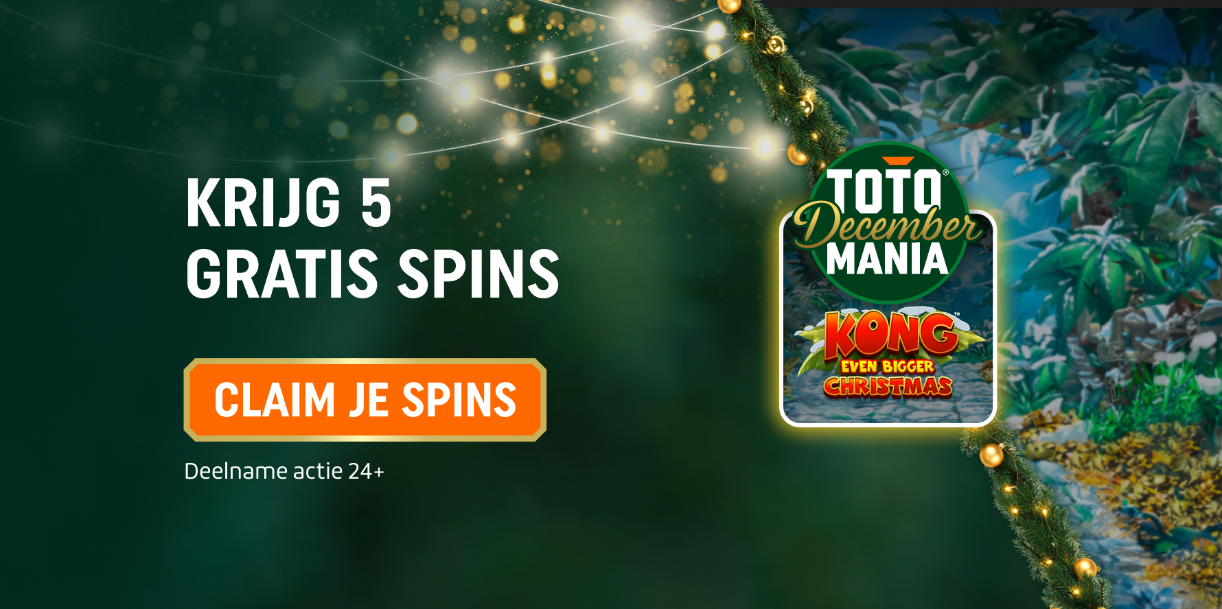 TOTO December Mania promotie met tekst "Krijg 5 Gratis Spins" en oranje knop "Claim je Spins"