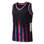 Zwart mouwloos basketbalshirt met verticale rood- en blauwkleurige strepen en rood-blauwe bies aan hals en armen.
