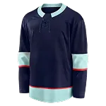 Donkerblauw ijshockeyshirt met mintkleurige kraag, manchetten en zoom en dunne rode strepen