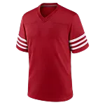 Rood sportshirt met V-hals en drie witte strepen op elke mouw