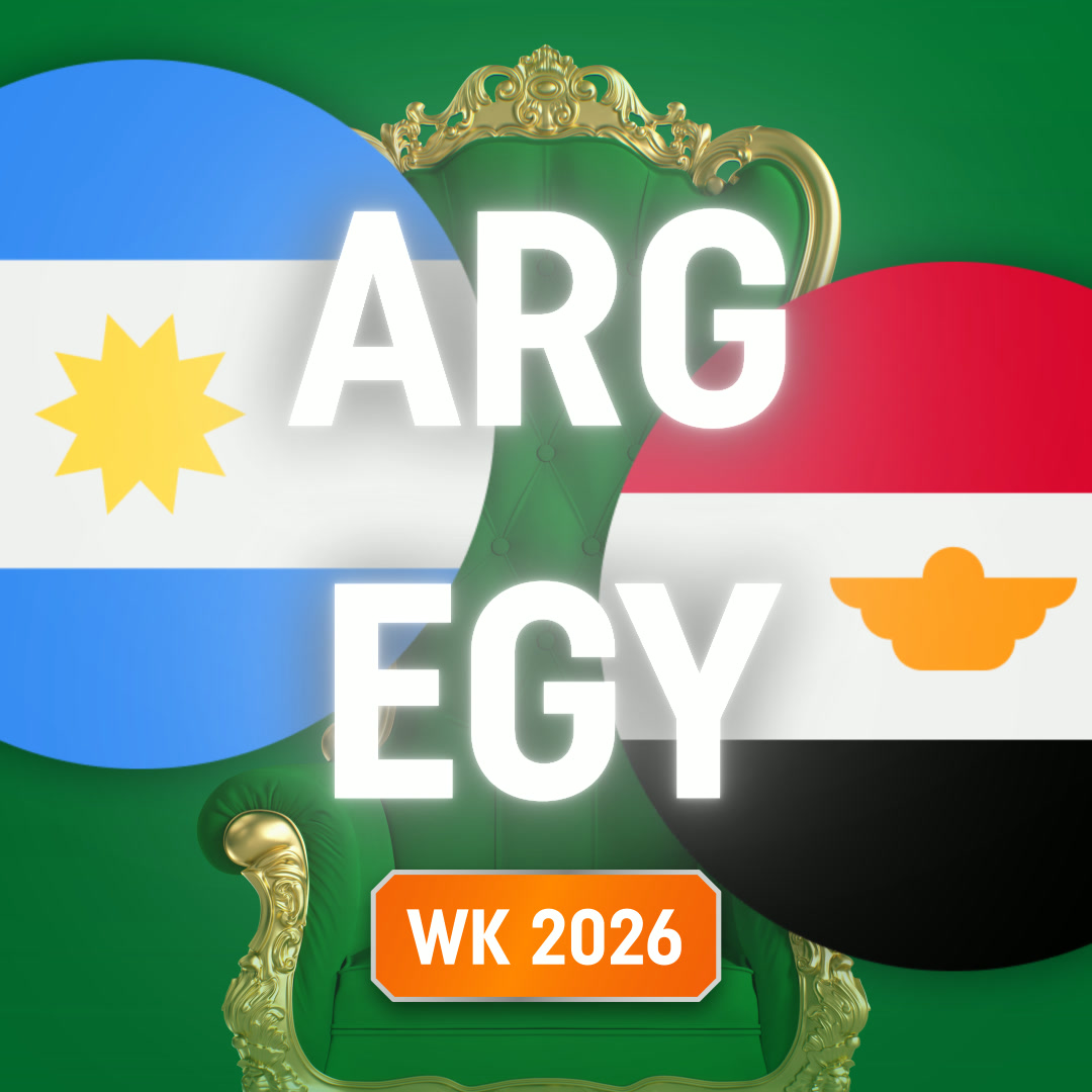 Ronde vlaggen met grote letters ARG en EGY voor een groene troon, WK 2026