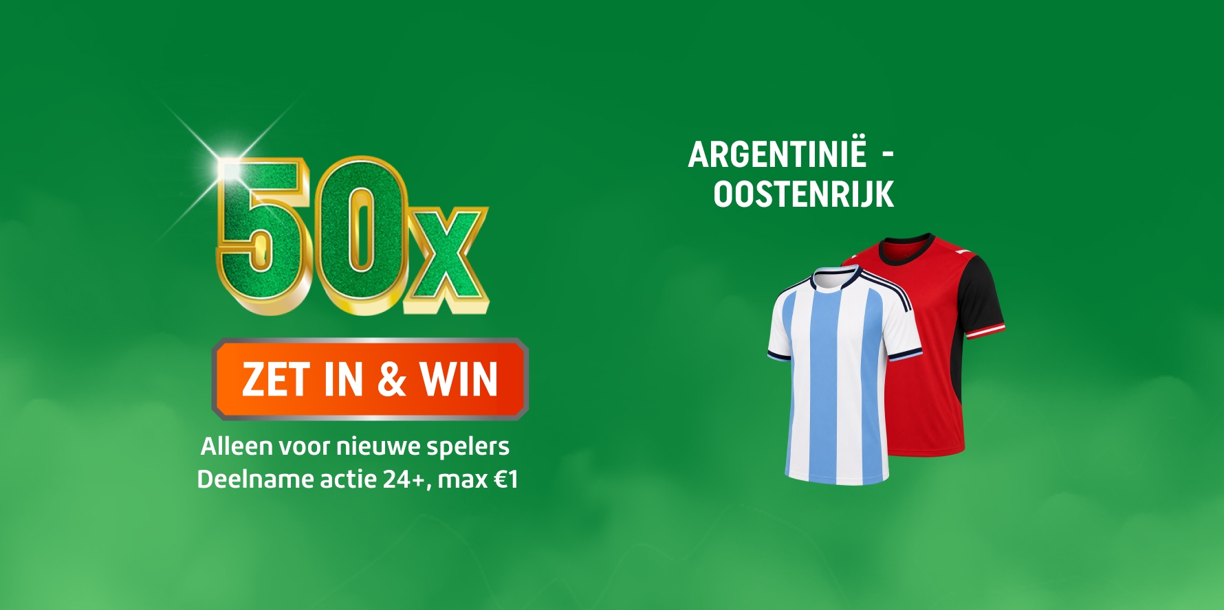 TOTO promotiebanner voor jou: 50x ZET IN & WIN bij Argentinië - Oostenrijk, twee voetbalshirts afgebeeld