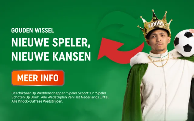 TOTO-promotie voor jou: man met kroon en voetbal naast tekst "Nieuwe speler, nieuwe kansen" en knop MEER INFO