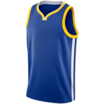 Blauw mouwloos basketbalshirt met gele biezen en witte zijstrepen