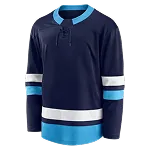 Donkerblauw ijshockeyshirt met lichtblauwe en witte strepen op mouwen en zoom.