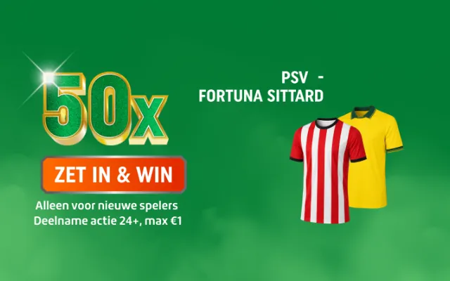 TOTO promotie: 50x ZET IN & WIN voor PSV - FORTUNA SITTARD met twee voetbalshirts, rood-wit gestreept en geel. Deelname actie 24+