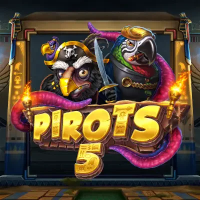 Spelcover met twee piratenpapegaaien, een zwaard en paarse tentakel rond de vergulde titel "PIROTS 5"