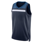 Donkerblauw mouwloos basketbalshirt met brede witte horizontale streep en witte inzetten aan de zijkanten